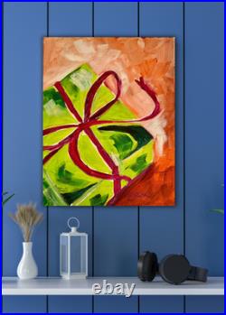 14X11 Acrylic Modern Abstract Christmas Gift with Ribbon Painting on Canvas