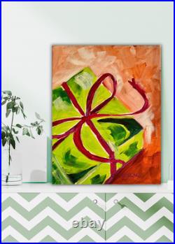 14X11 Acrylic Modern Abstract Christmas Gift with Ribbon Painting on Canvas