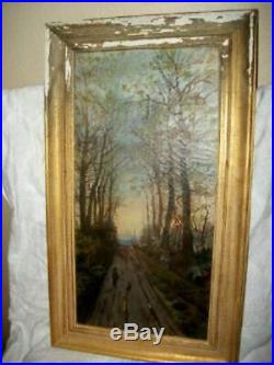 1880's OIL PAINTING FRENCH SCENE CATTLE HERDER DOG VILLAGE CHURCH STEEPLE TREES