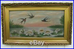1890s BARN SWALLOWS WATER LILIES Oil Painting after VICTORIAN YARD-LONG antique
