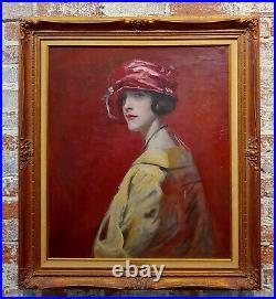 1910s Study Portrait Woman withRed Hat-Oil painting possibly William Merritt Chase