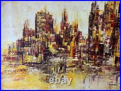 1970 New York 50 Mid Century Modern Abstract Cityscape Oil on Canvas Painting