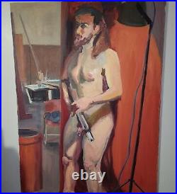 1990 Katrina Halter Nude Original Oil Canvas Painting Naked Man & Gun Portrait