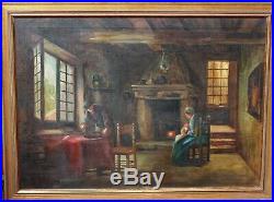 19c Antique Original Oil Painting on canvas interior genre scene, Unsigned, Framed