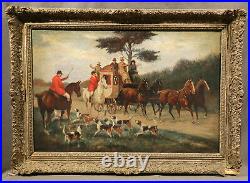 19th Century Painting Horse Carriage & Fox Hunting Scene With Dogs In Landscape