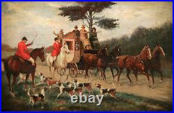 19th Century Painting Horse Carriage & Fox Hunting Scene With Dogs In Landscape