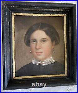 19th c. Antique American Oil Portrait of a Young Lady Lace Collar & Brooch