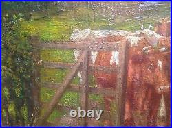 19th century Antique oil French Impressionist painting The cows Near of PISSARRO