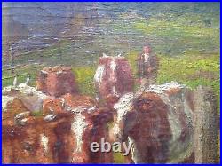 19th century Antique oil French Impressionist painting The cows Near of PISSARRO