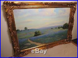 24x36 original 1975 oil painting by Wm. Blackman Texas Bluebonnet Hill Country