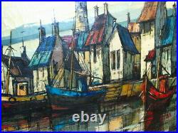 36 Mid-Century Modern Signed GERARD Marine Boats Harbor Oil Painting on Canvas