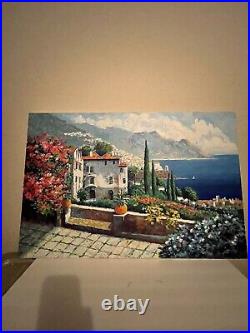 36x24 Mediterranean Coastal Sidewalk with Flower Garden Oil Painting Naturalism