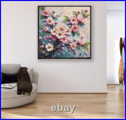 3D ORIGINAL Oil PAINTING on Canvas Sakura Textured Artwork 12x12 in Custom Order