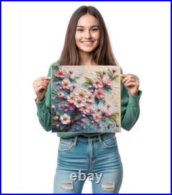 3D ORIGINAL Oil PAINTING on Canvas Sakura Textured Artwork 12x12 in Custom Order