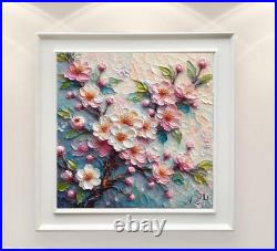 3D ORIGINAL Oil PAINTING on Canvas Sakura Textured Artwork 12x12 in Custom Order