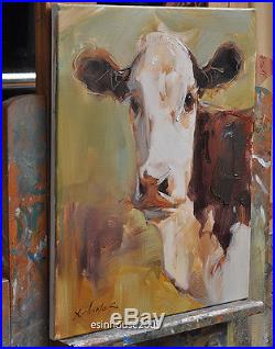 40x50cm large original oil painting framed on canvas cow Farm animals portrait