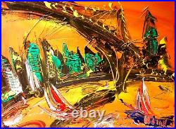ABSTRACT BRIDGE NYC Painting Original Oil Canvas SUPERB Artist STRETCHED