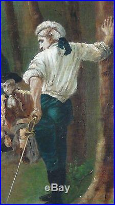 ANTIQUE 19c FRENCH SCHOOL OIL ON CANVAS ORIGINAL PAINTING SWORD FIGHT, SIGNED