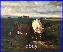 ANTIQUE 19th C AUTHENTIC OIL PAINTING OF FARMER COWS