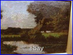 ANTIQUE EXHIBITED Barbizon Landscape Oil Painting MONOGRAM SIGNED 19th Century