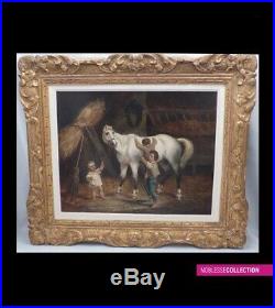 ANTIQUE ORIGINAL FRENCH SCHOOL 1850s OIL ON CANVAS PAINTING Horse & children