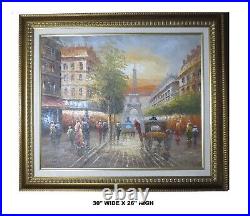 ANTIQUE! PARIS STREET SCENE, OIL PAINTING SIGNED AMOS, GOLD WOOD FRAME 30x26