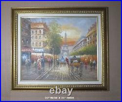 ANTIQUE! PARIS STREET SCENE, OIL PAINTING SIGNED AMOS, GOLD WOOD FRAME 30x26