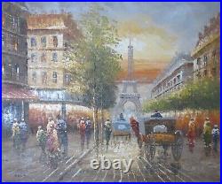 ANTIQUE! PARIS STREET SCENE, OIL PAINTING SIGNED AMOS, GOLD WOOD FRAME 30x26