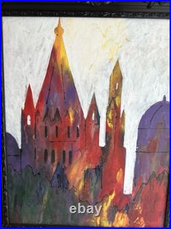 Abstract Original Painting Art on Canvas in Black Frame Colorful Architecture