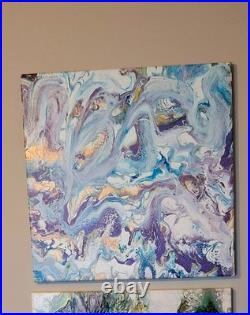 Abstract, Painting, Pour, Light Blue, Purple, Gold, White, New