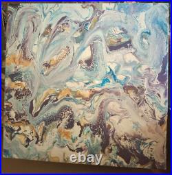 Abstract, Painting, Pour, Light Blue, Purple, Gold, White, New