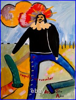 Acrylic On Canvas Original Painting Rasputin With Cucumber Outsider Art 18x24