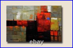 Acrylic on canvas abstract red and yellow painting with textures. Original