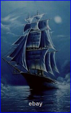 Acrylic painting impressive original art on canvas with Blue Sailing Ship