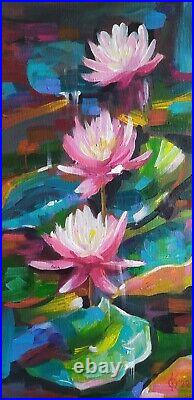 Acrylic painting impressive original art on canvas with pink lotuses and leaves