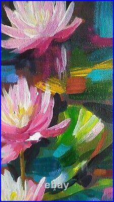 Acrylic painting impressive original art on canvas with pink lotuses and leaves