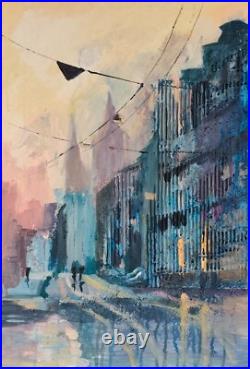 Acrylic painting on canvas handmade original art with sunset city after the rain