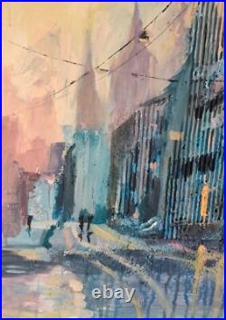 Acrylic painting on canvas handmade original art with sunset city after the rain