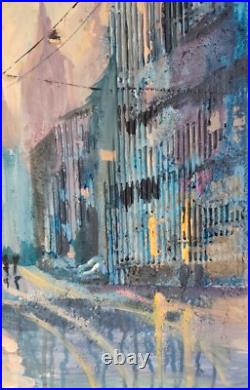 Acrylic painting on canvas handmade original art with sunset city after the rain