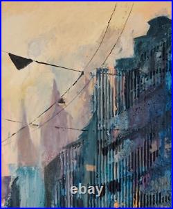 Acrylic painting on canvas handmade original art with sunset city after the rain