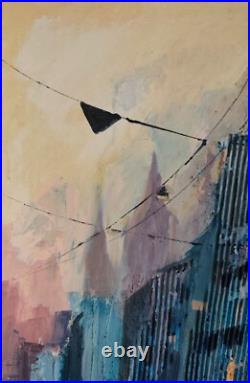 Acrylic painting on canvas handmade original art with sunset city after the rain