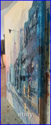 Acrylic painting on canvas handmade original art with sunset city after the rain