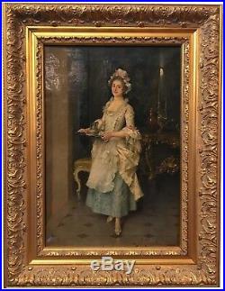 Adriano Cecchi (1850-1936) Original Oil on Canvas Pretty Woman in Dress