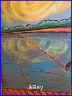African American Art Najee Dorsey 16x20 Original Acrylic Canvas Lady Fishing