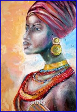 African Queen Painting Black Woman Original Art on Canvas 19,5 by 14 Impasto