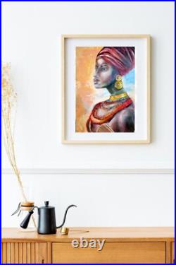 African Queen Painting Black Woman Original Art on Canvas 19,5 by 14 Impasto