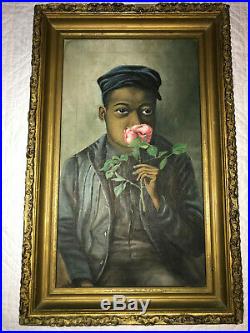 Anitque African American boy portrait original oil painting vintage folk art