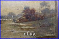 Antique 1800's original oil painting winter landscape river on canvas framed