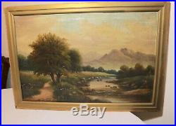 Antique 1889 original signed F. Graham landscape river oil painting canvas art