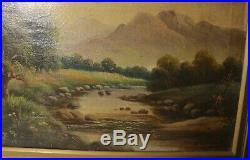 Antique 1889 original signed F. Graham landscape river oil painting canvas art